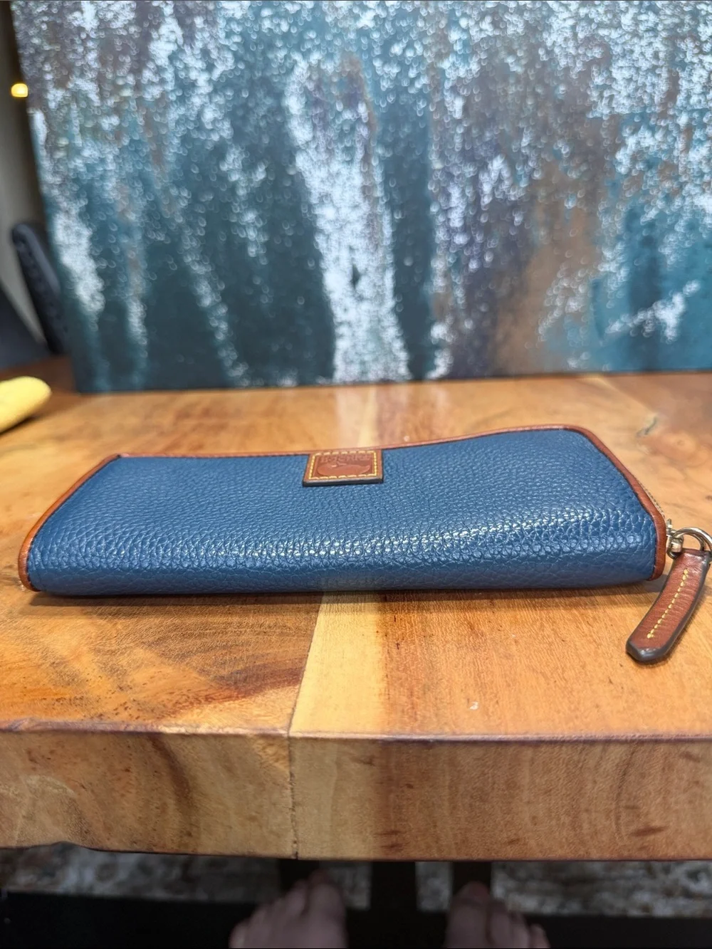 Dooney & Bourke Classic Pebble Grain Blue Tan Zip Wristlet Wallet